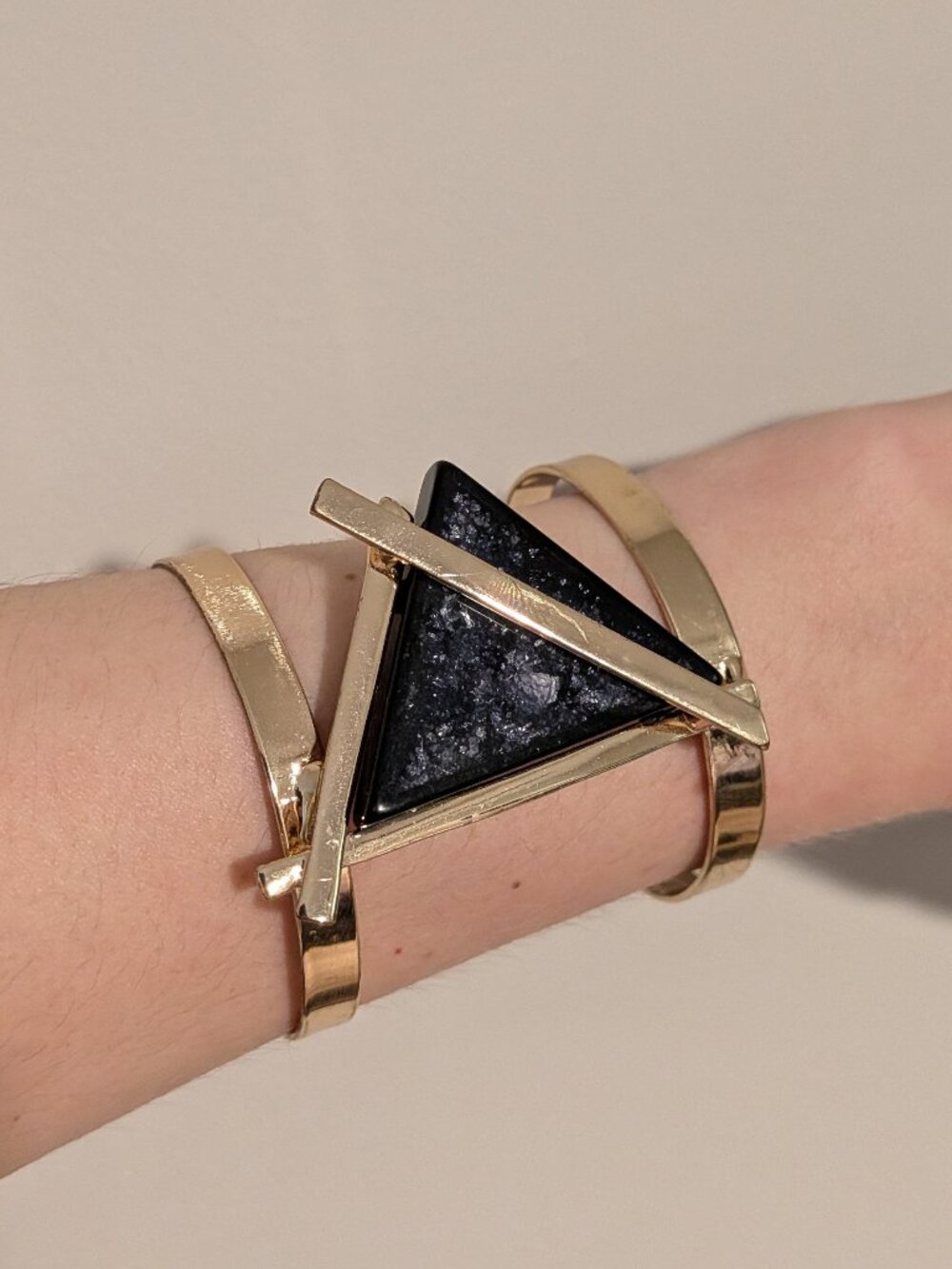 Gold Geometric Statement Cuff Bracelet with Black Druzy/Stone Triangle